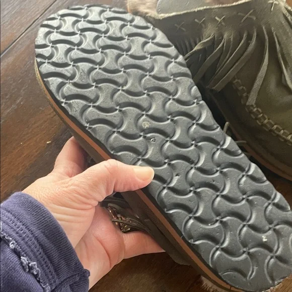 Free People Olive Green Suede Fringe Shearling Clog Mules - Picture 3 of 4